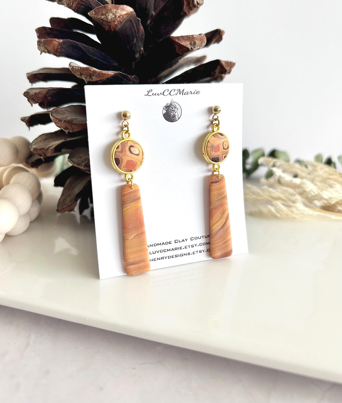 Mustard Yellow Clay Earrings, Abstract Bar Dangles, Long Drop Mid-century Modern Handmade Boho Jewelry