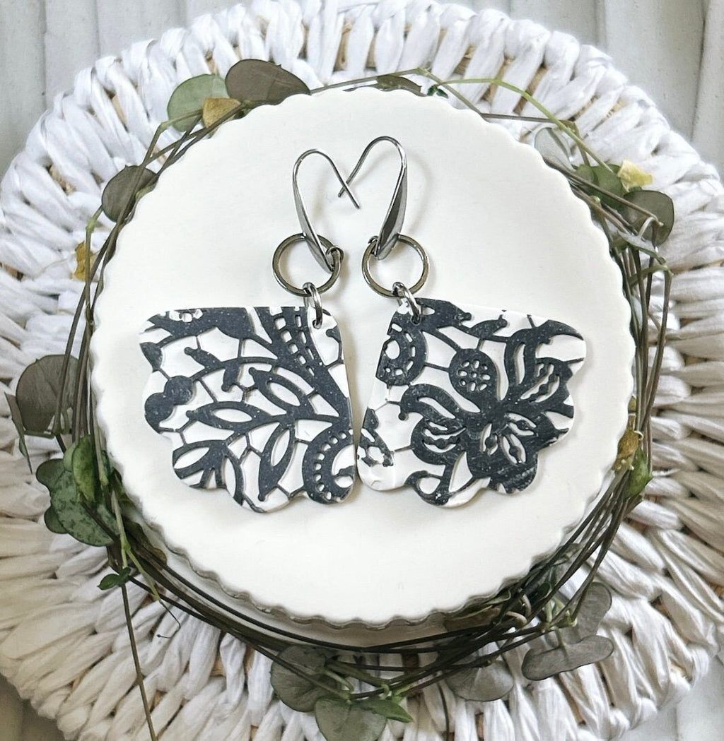 Black & White Lace Earrings, Charcoal Gray Wedding Dangles, Stainless Steel Clay Jewelry Handmade