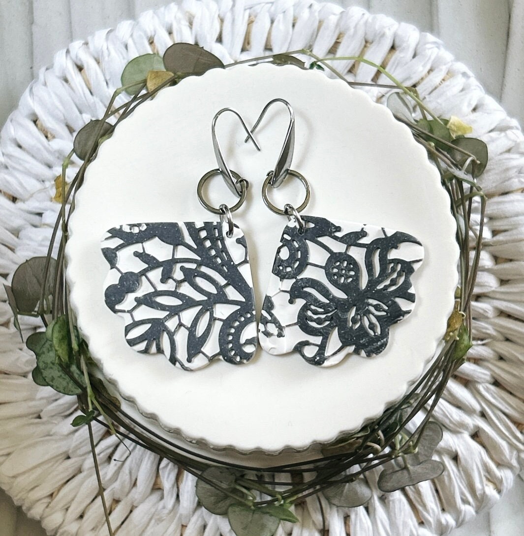 Black & White Lace Earrings, Charcoal Gray Wedding Dangles, Stainless Steel Clay Jewelry Handmade