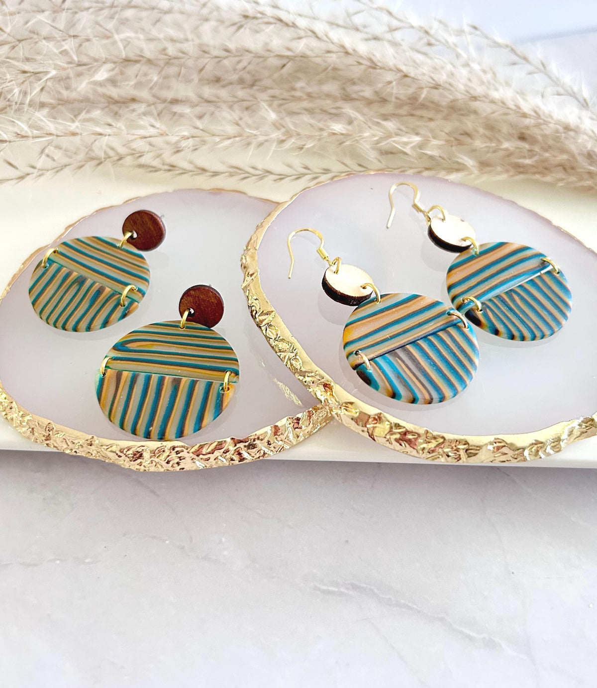 Burgundy Striped Earrings, Teal Mustard Fall Earrings, Multicolor Handmade Boho Wood Clay Drop Dangles