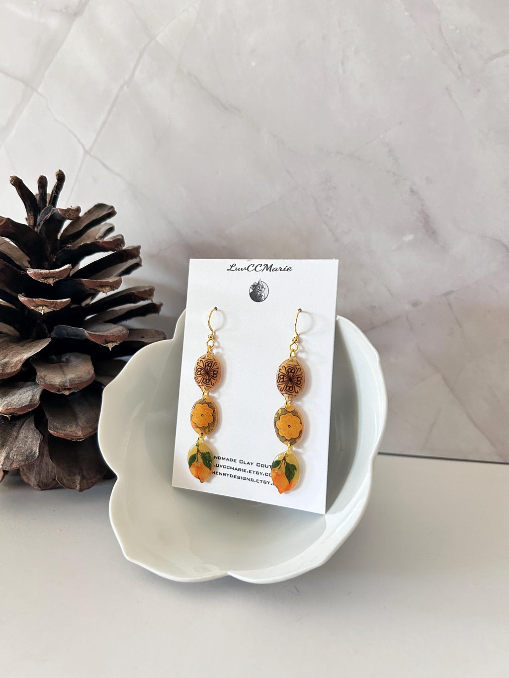 Lemon Mexican Tile Dangles, Santorini Earrings, Yellow Clay Long Handmade Lightweight Hypoallergenic