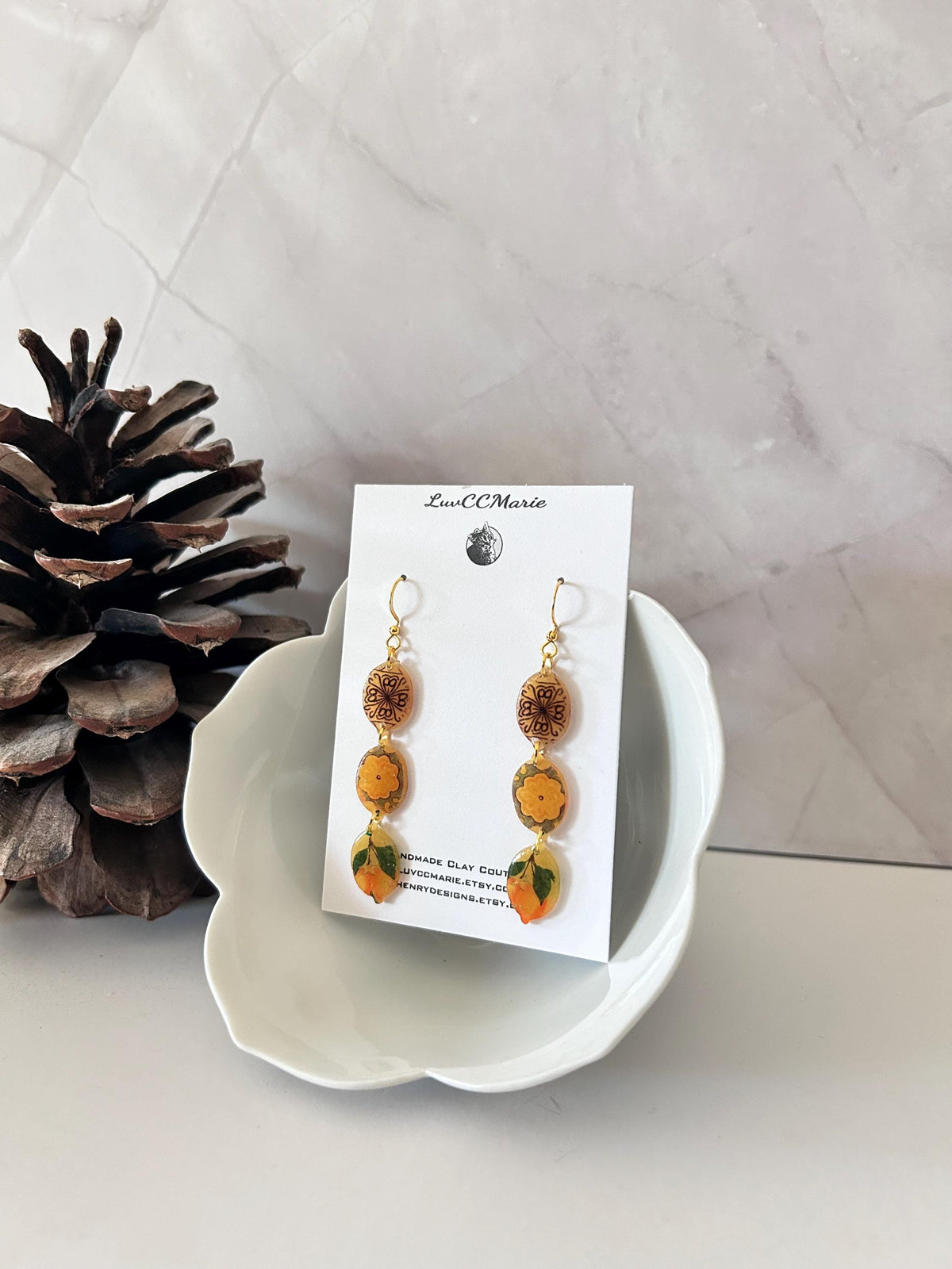 Lemon Mexican Tile Dangles, Santorini Earrings, Yellow Clay Long Handmade Lightweight Hypoallergenic