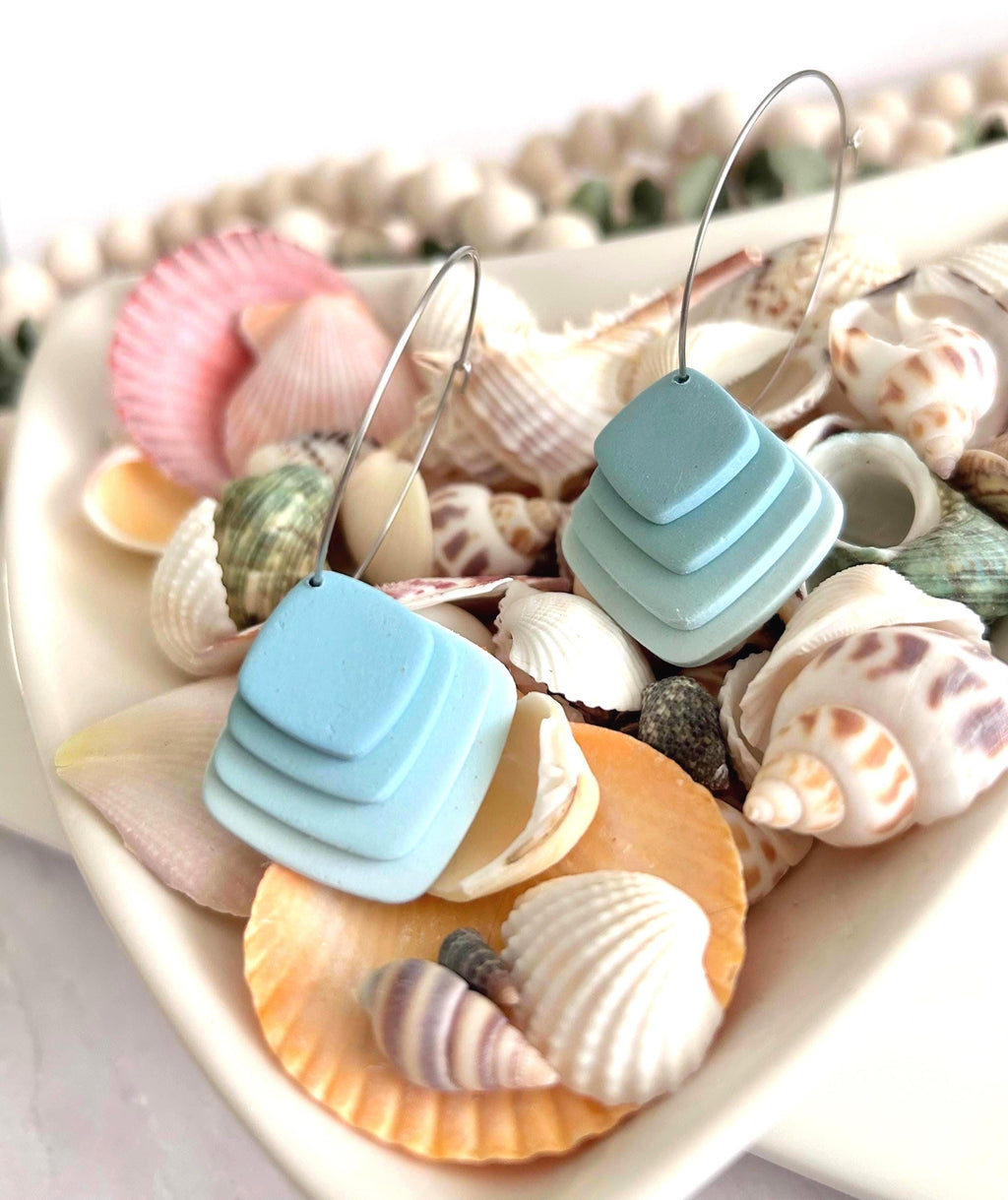 Pink or Blue Pastel Earrings, Dangle Hoops, Geometric Clay Dangles, Beach Vacation Jewelry Gift