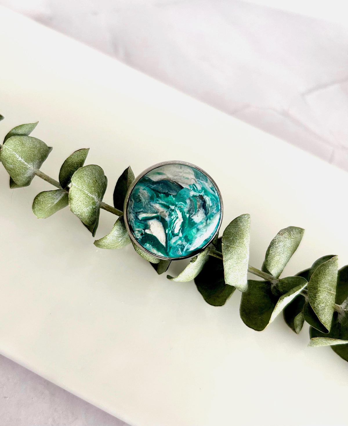 Green Faux Malachite Stone Polymer Clay Ring, Stainless Steel Adjustable Band, Handmade Jewelry