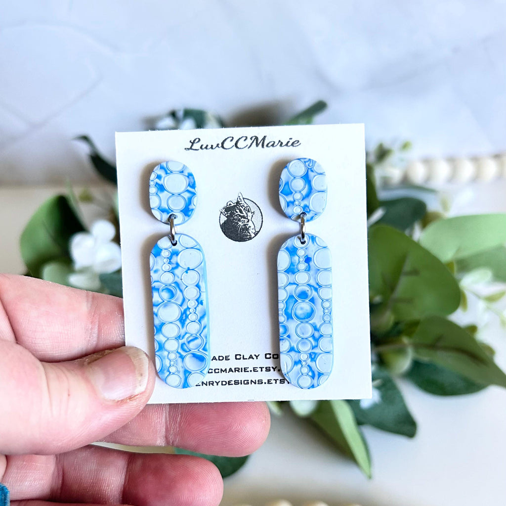 Cobalt Blue Bar Earrings: Mokume Clay Boho Dangles