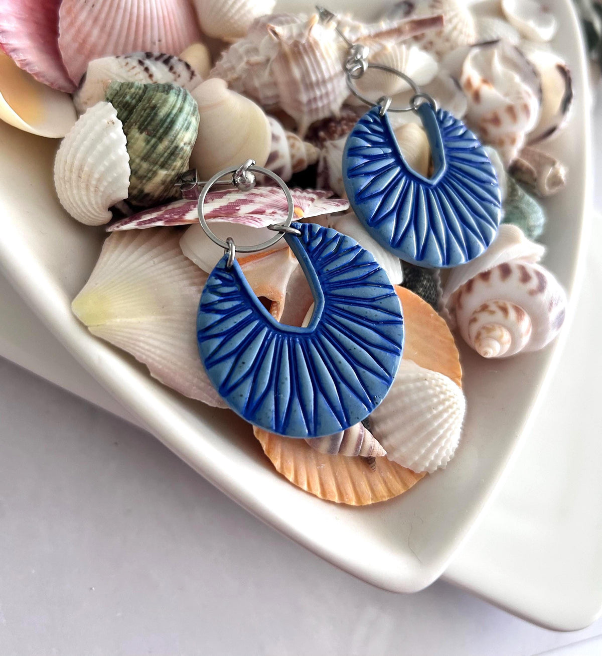 Denim Blue Boho Earrings, Navy and Silver Hoop Dangles, Handmade Clay Jewelry Gift