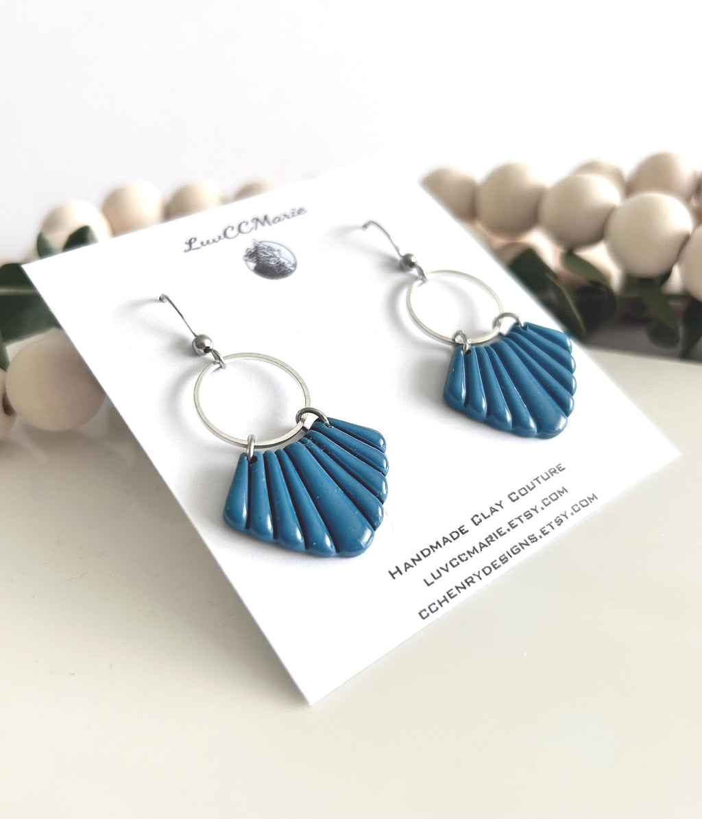 Teal Blue and Silver Dangle Earrings, Handmade Clay Hoop Dangles, Coastal Vacation Jewelry Gift
