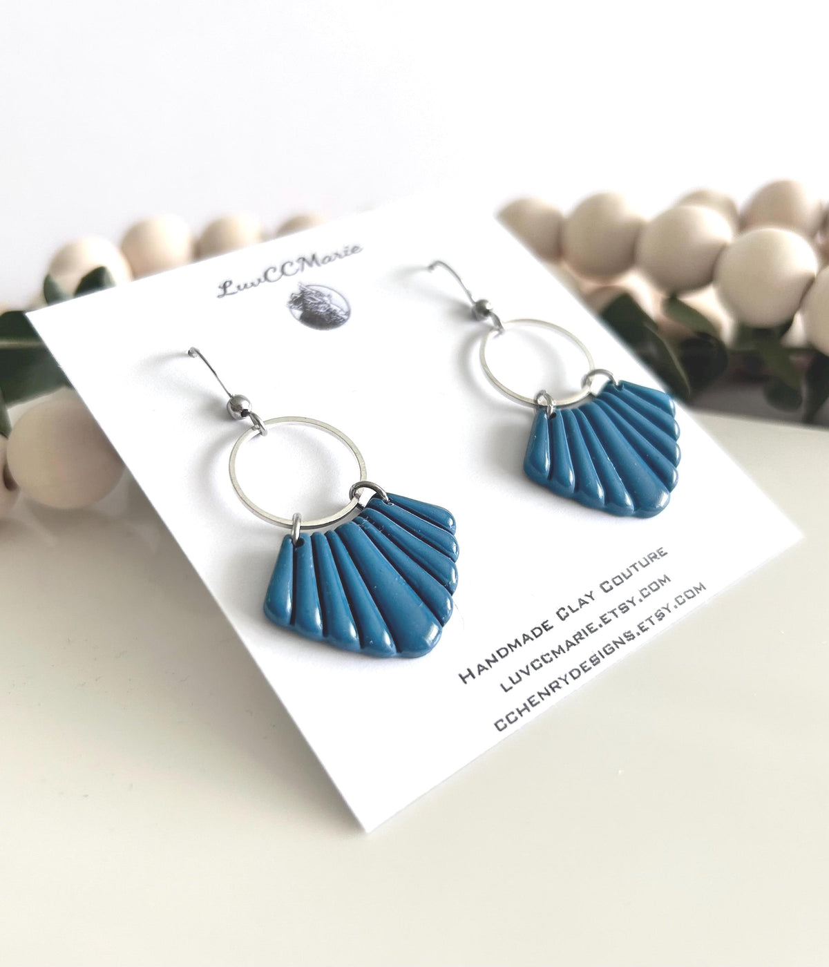 Teal Blue and Silver Dangle Earrings, Handmade Clay Hoop Dangles, Coastal Vacation Jewelry Gift