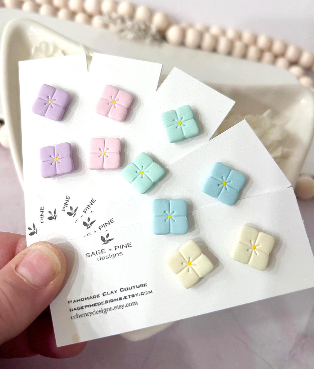 Pastel Hydrangea Flower Studs, Small Clay Post Earrings, Birthday Gift for Girl, Hypoallergenic Studs
