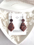 Brown & Black Boho Earrings, Embossed Folk Dangles, Clay Wood Faux Leather Fall Terracotta Mexican