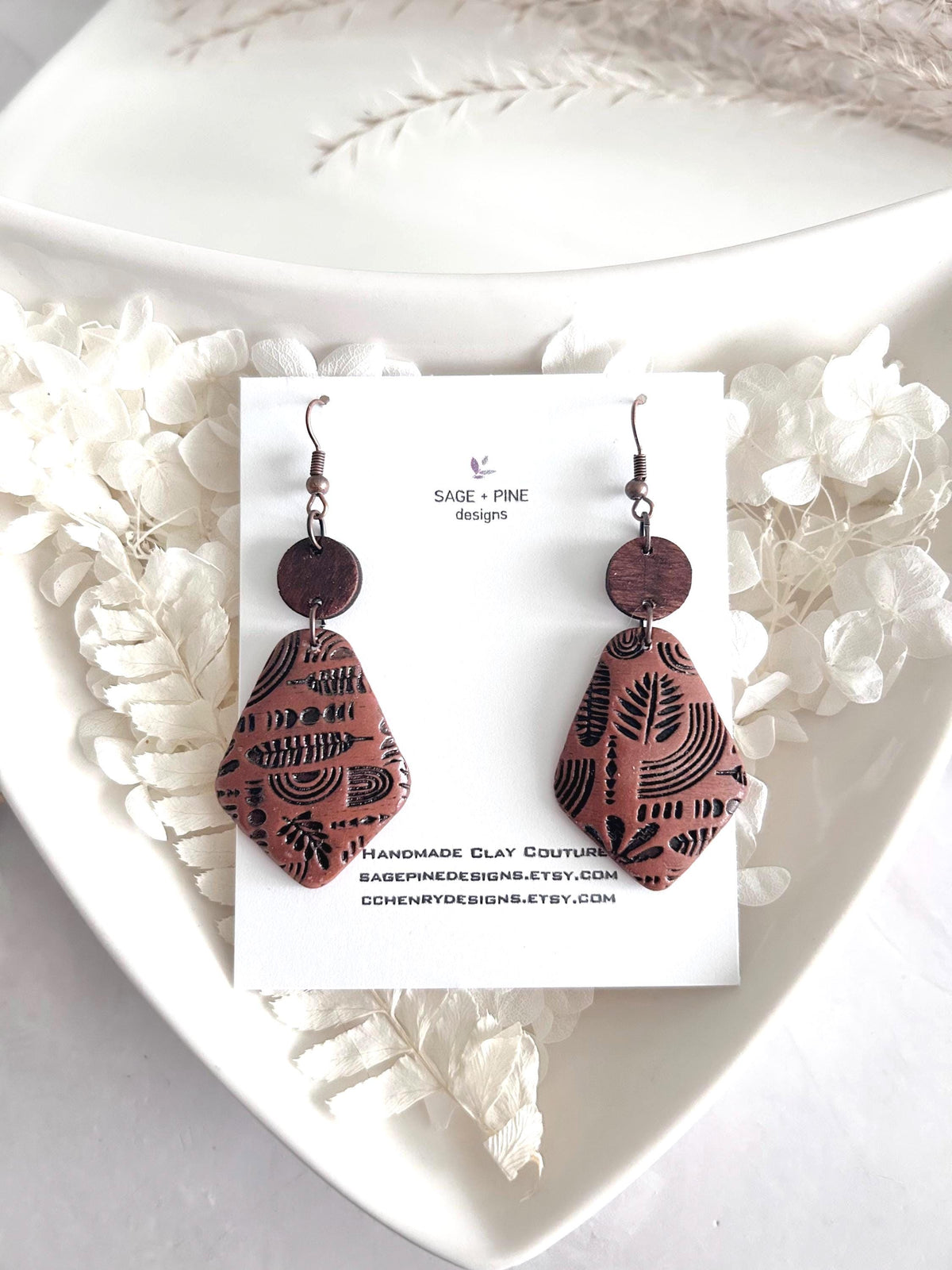 Brown & Black Boho Earrings, Embossed Folk Dangles, Clay Wood Faux Leather Fall Terracotta Mexican