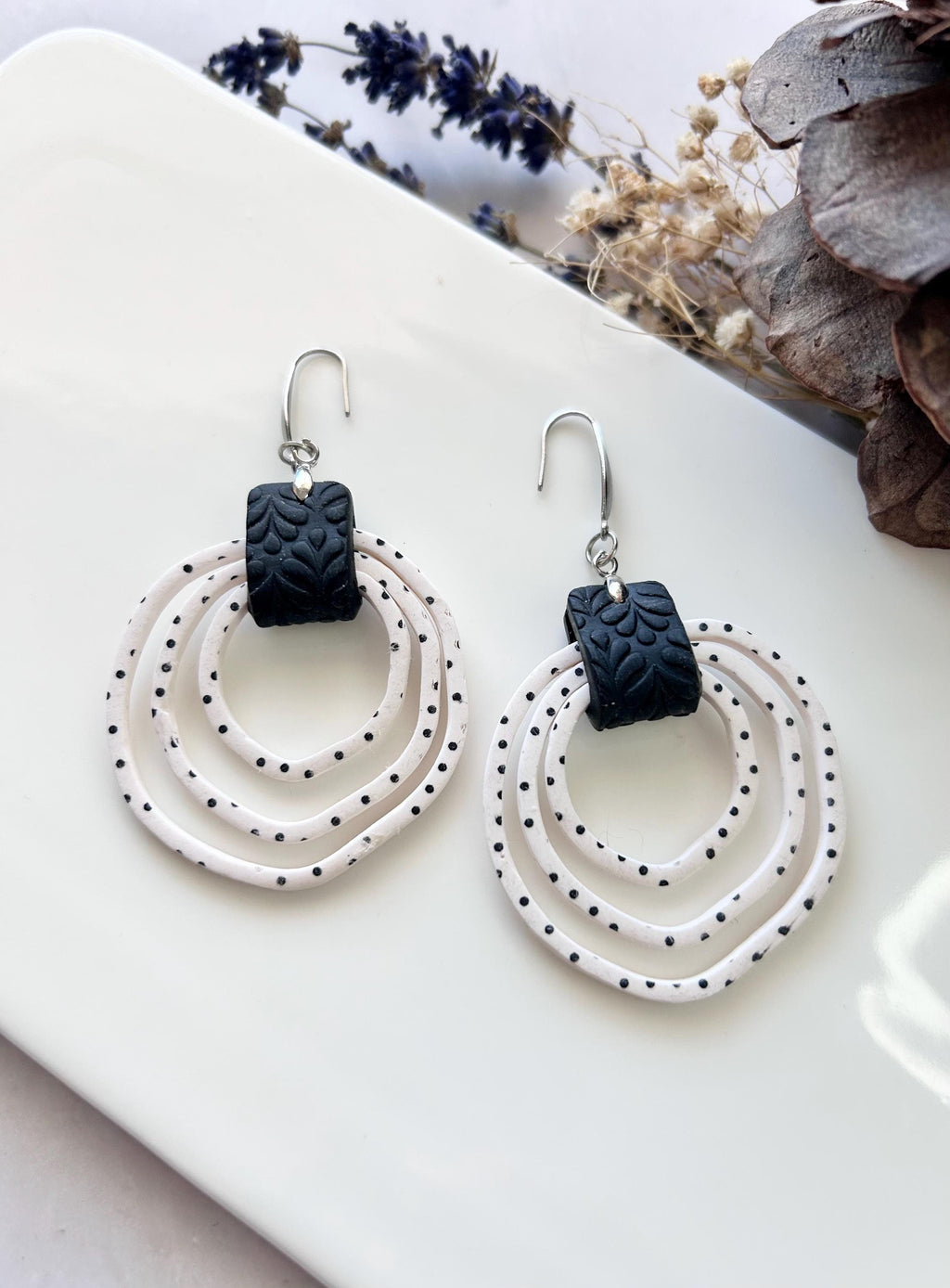 Black and White Polka Dot Hoop Earrings, Handmade Clay Dangles, Stainless Steel, Contemporary Statement
