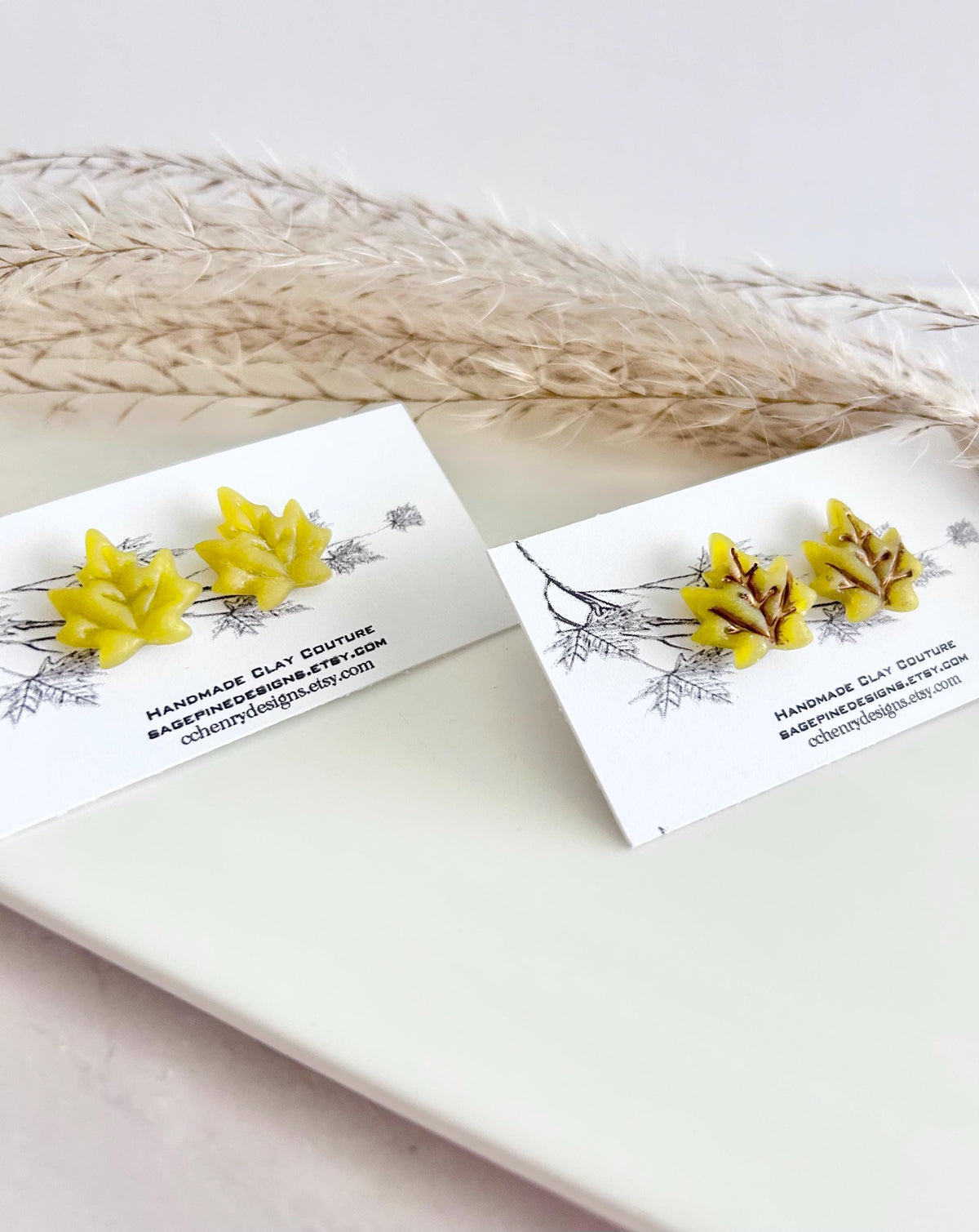 Clay Stud Earrings, Maple Leaf Fall Studs, Chartreuse Green, Hypoallergenic Surgical Posts