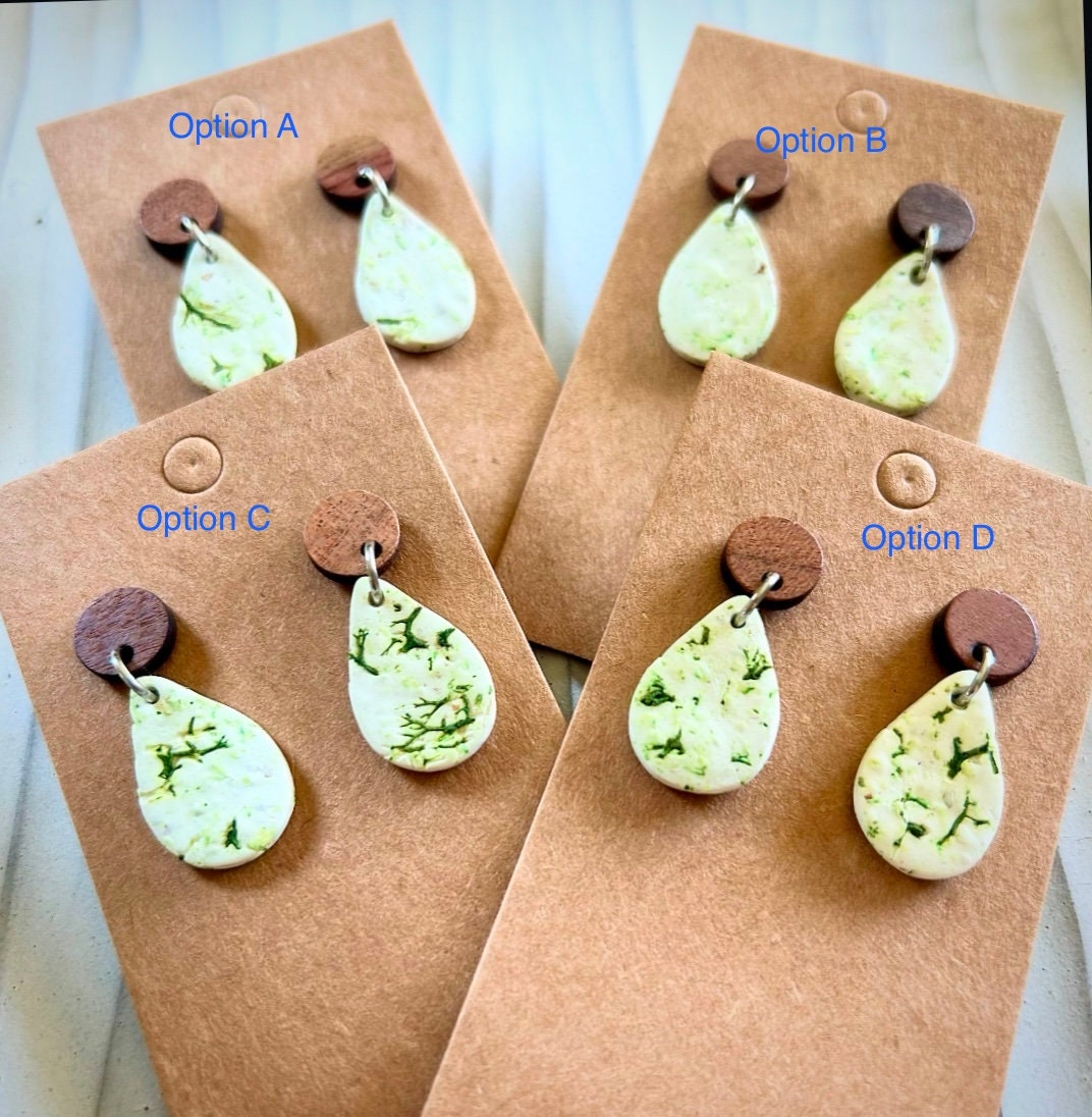 Nature Inspired Moss Earrings, Clay and Wood Drop Dangles, White and Green Lightweight Jewelry