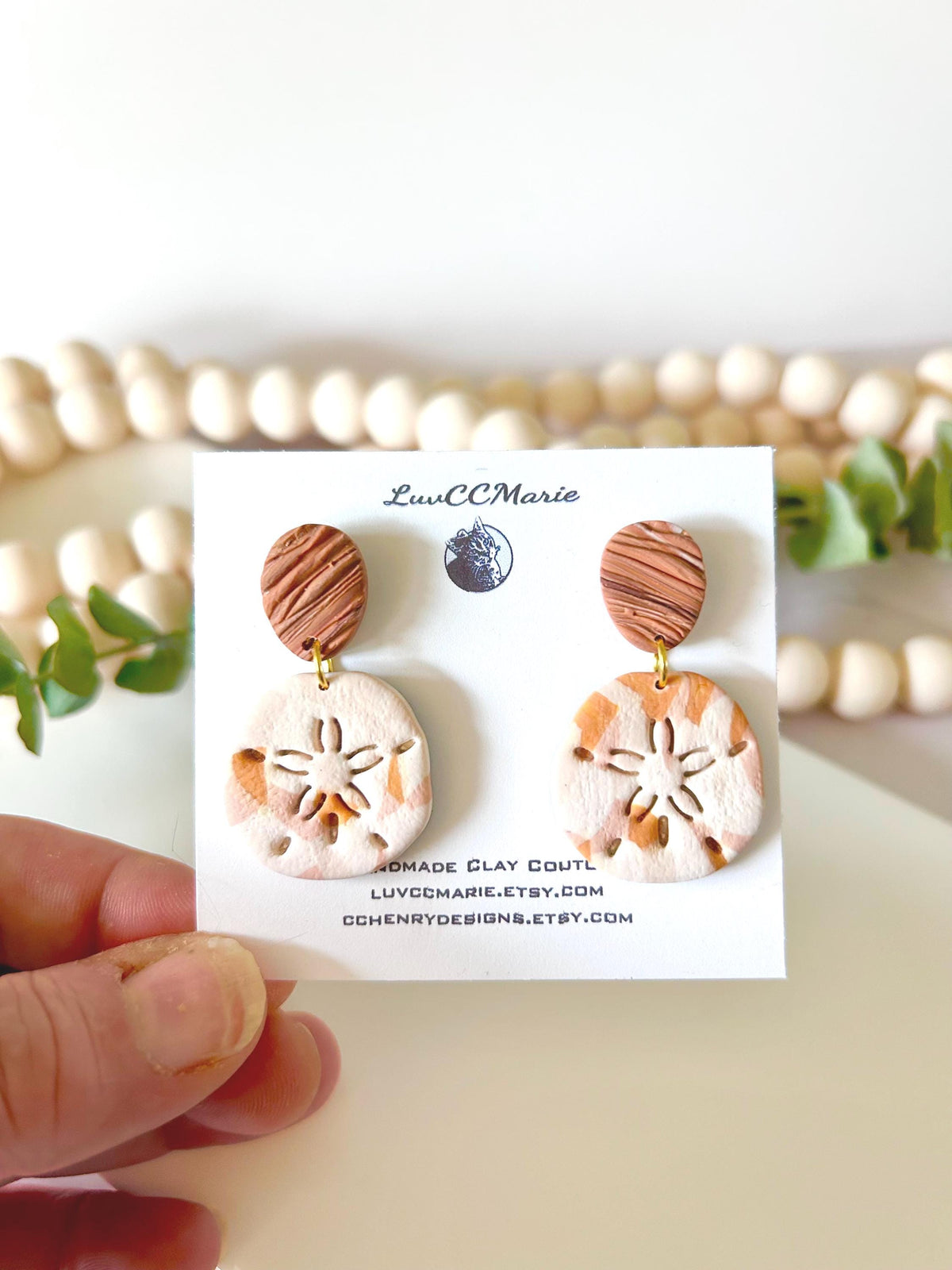 Sand Dollar Beach Earrings, Terracotta White Seashell Dangles, Handmade Clay Coastal Vacation Jewelry Gift