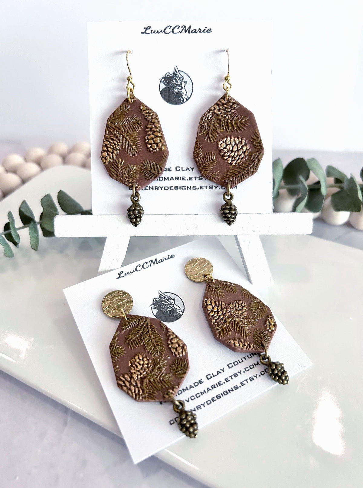 Brown and Gold Fall Earrings, Pine Cone Handmade Dangles, Clay & Bronze, Autumn Jewelry Gift