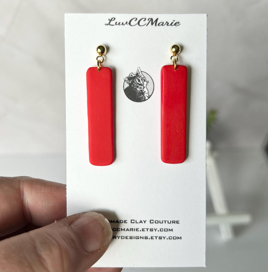 Matte Red Rectangle Earrings, Bright Retro Clay Dangles, Handmade Minimalist Jewelry Gift