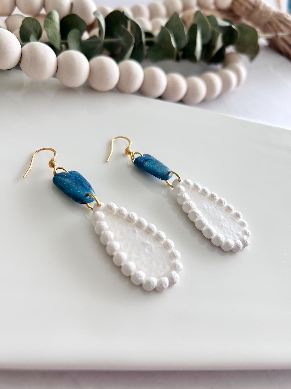 Teal and White Teardrop Earrings, Pearl Floral Clay Dangles, Handmade Bridal Coastal Jewelry