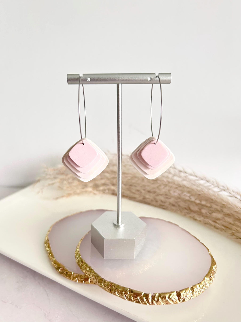 Pink or Blue Pastel Earrings, Dangle Hoops, Geometric Clay Dangles, Beach Vacation Jewelry Gift