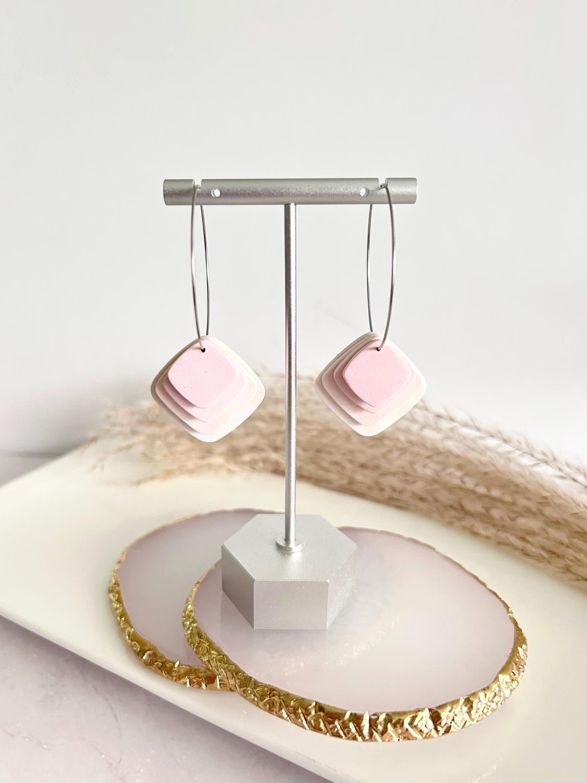 Pink or Blue Pastel Earrings, Dangle Hoops, Geometric Clay Dangles, Beach Vacation Jewelry Gift