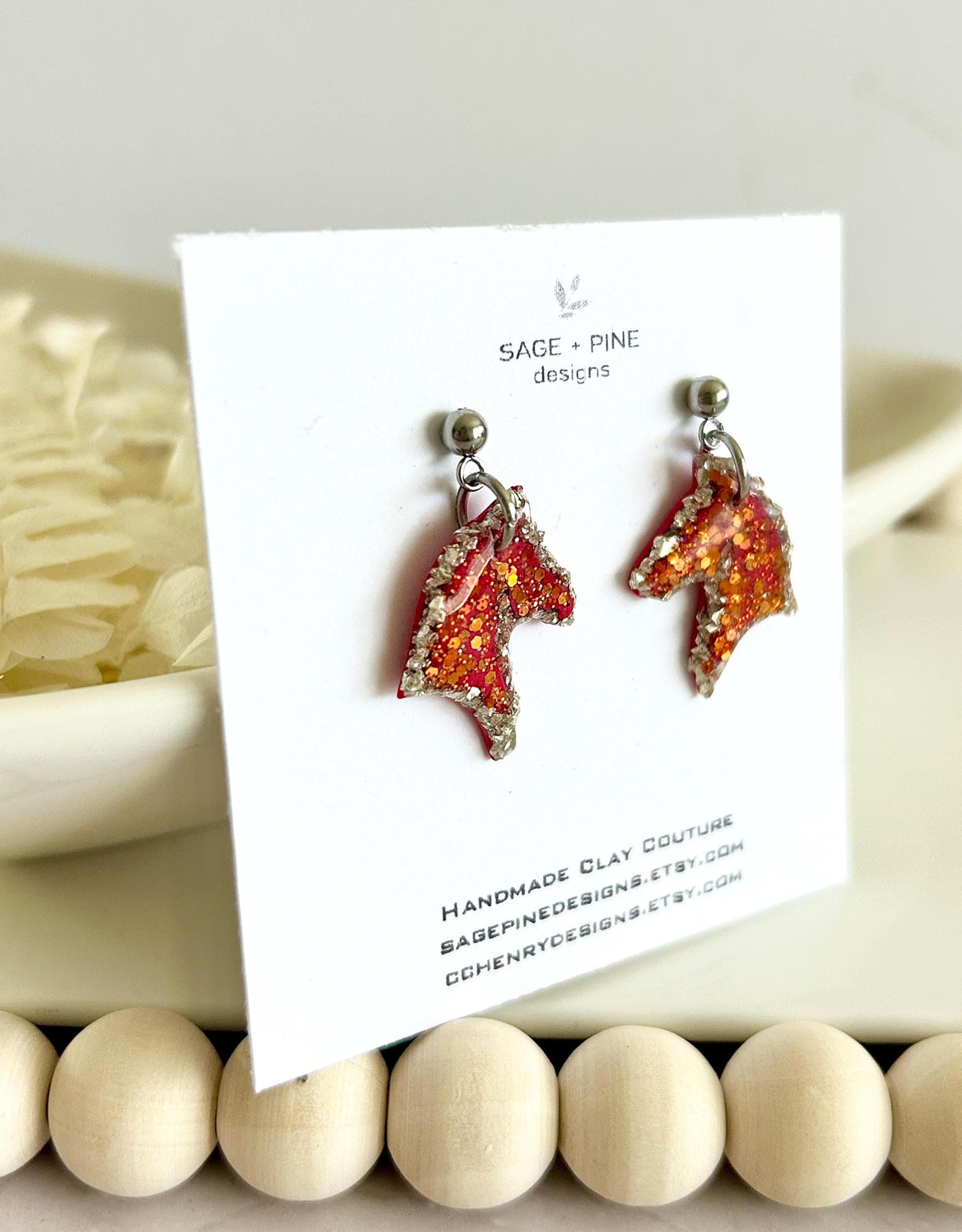 Fire Horse Earrings, Red and Silver Sparkly Dangles, Handmade Fashion Clay Jewelry
