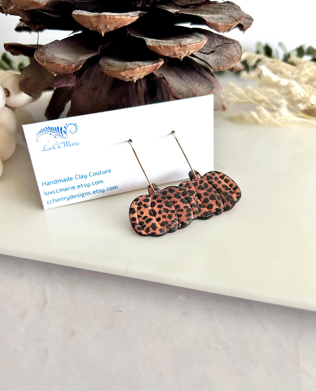 Leopard Print Pumpkin Earrings, Fall Hoop Dangles, Lightweight Handmade Clay Jewelry