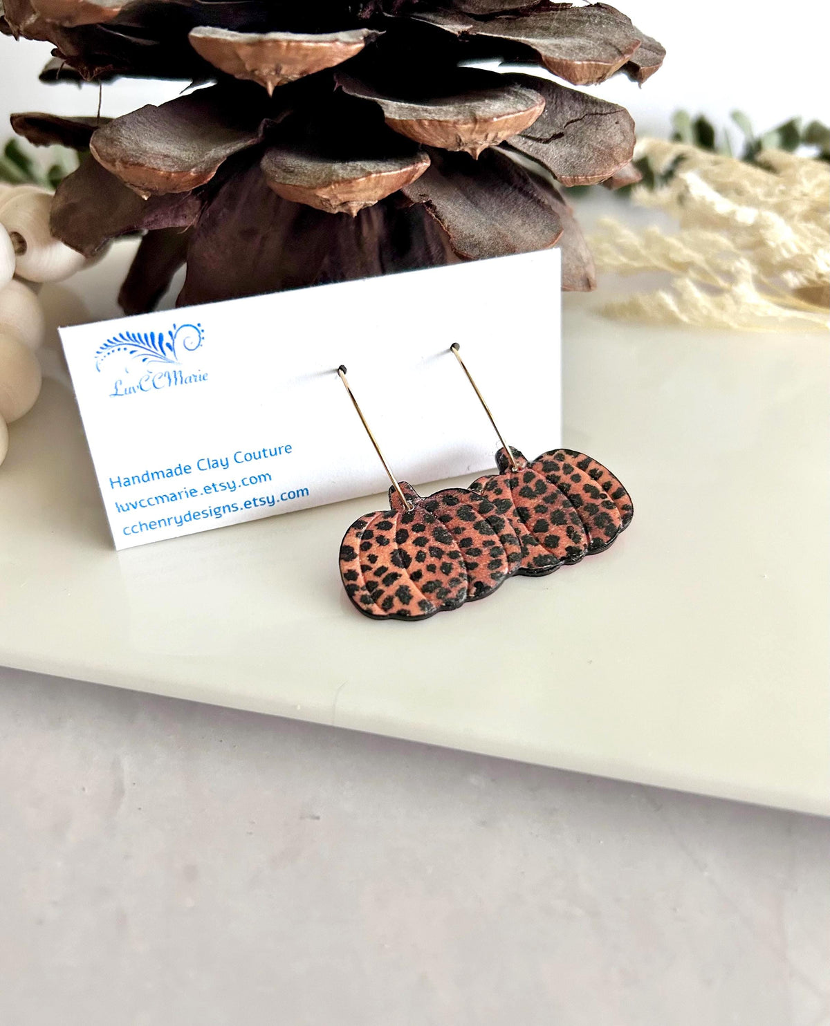 Leopard Print Pumpkin Earrings, Fall Hoop Dangles, Lightweight Handmade Clay Jewelry