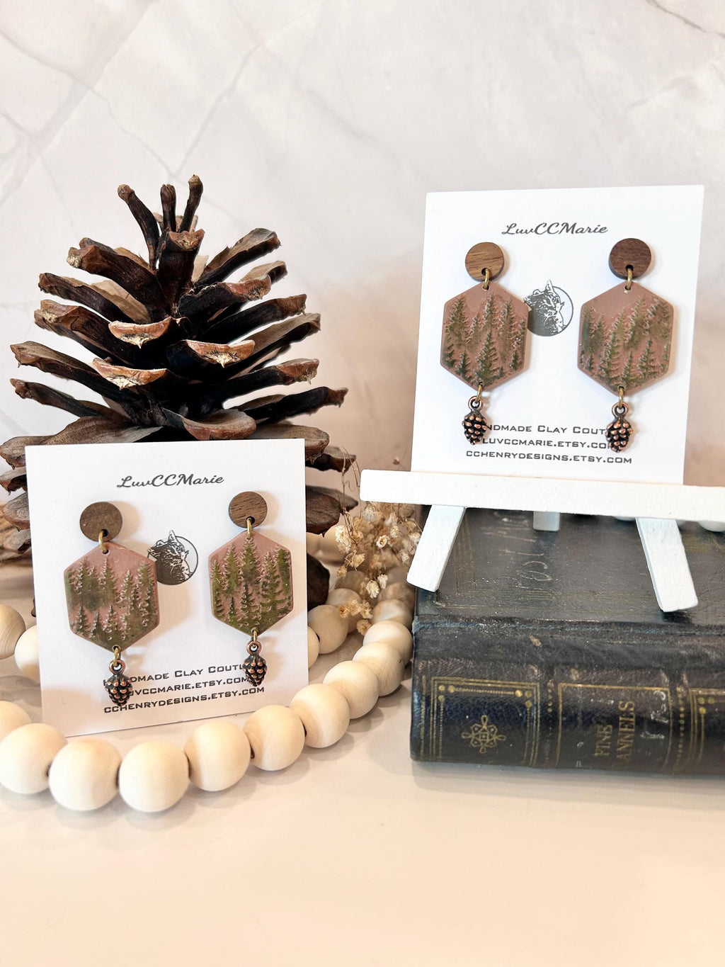 Handmade Forest Green Tree Earrings: Copper Pine Cone, Boho Dangles