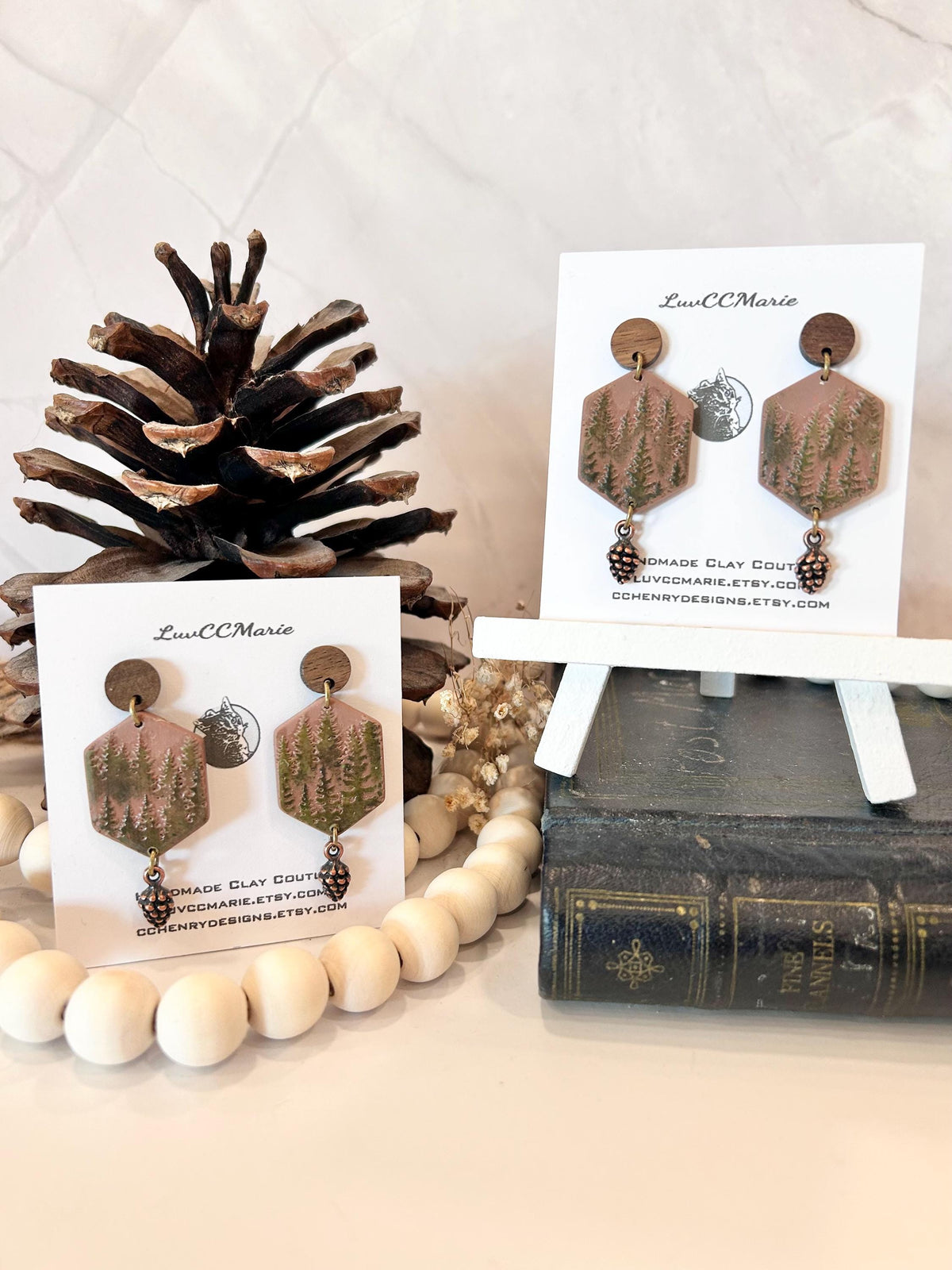 Handmade Forest Green Tree Earrings: Copper Pine Cone, Boho Dangles