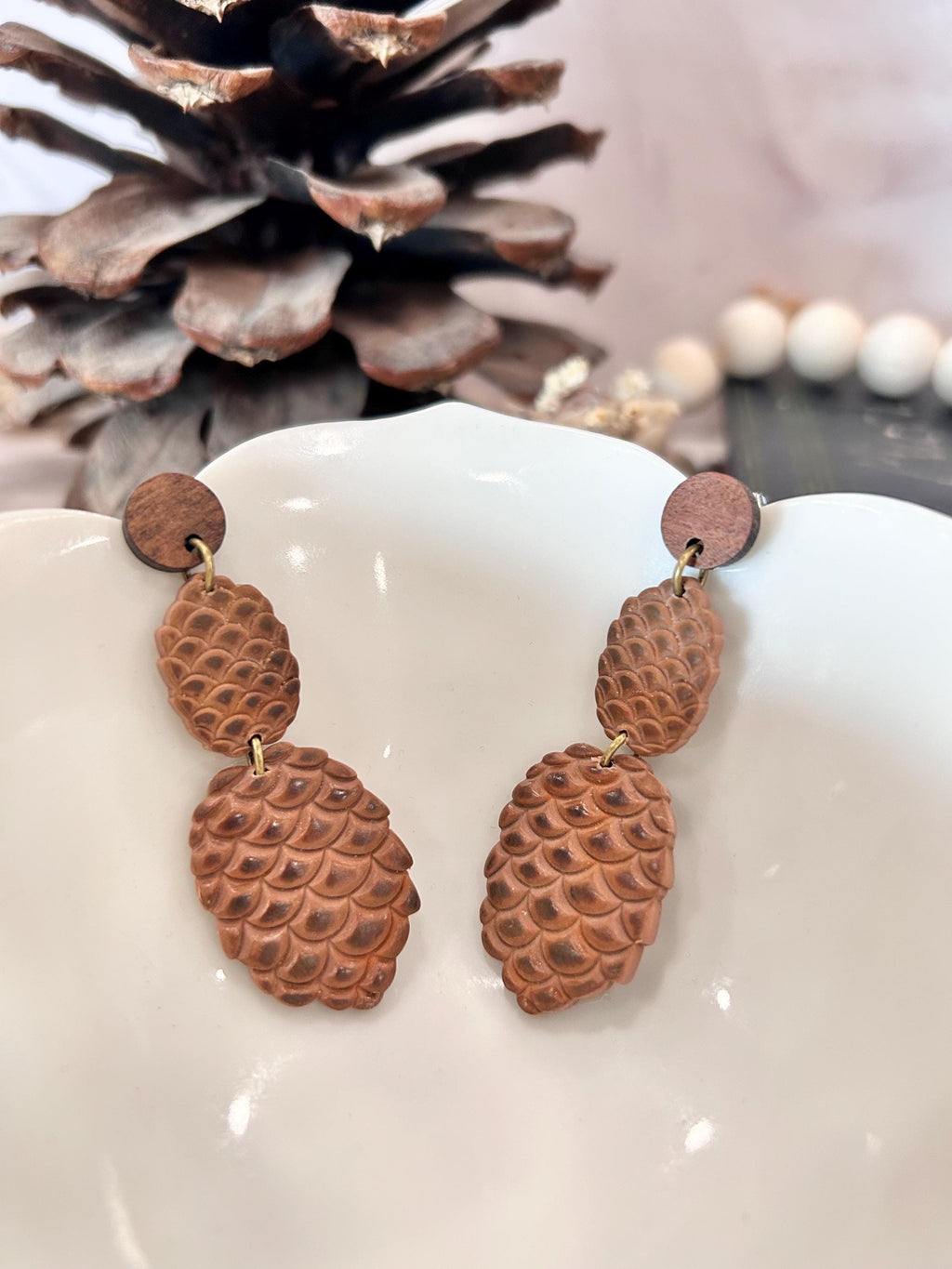 Handmade Pine Cone Statement Stud Dangle Earrings: Wood & Clay Fall Boho Jewelry
