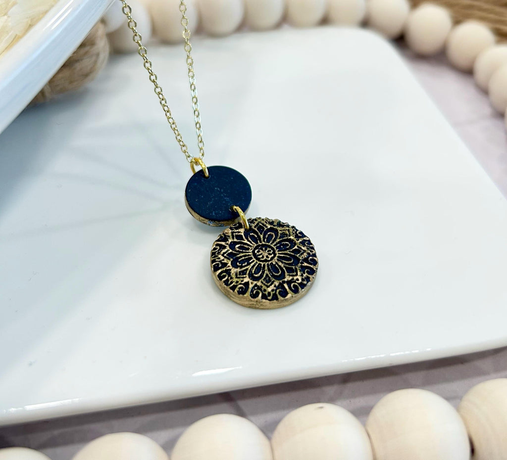 Dark Navy Blue Clay Necklace, Gold Mandala Embossed Pendant, Handmade Fashion Boho Jewelry