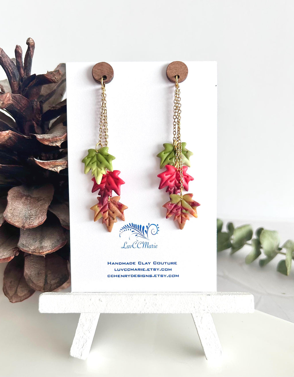 Leaf Earrings, Fall Jewelry, Polymer Clay Ombre Maple Leaves Chain Dangles