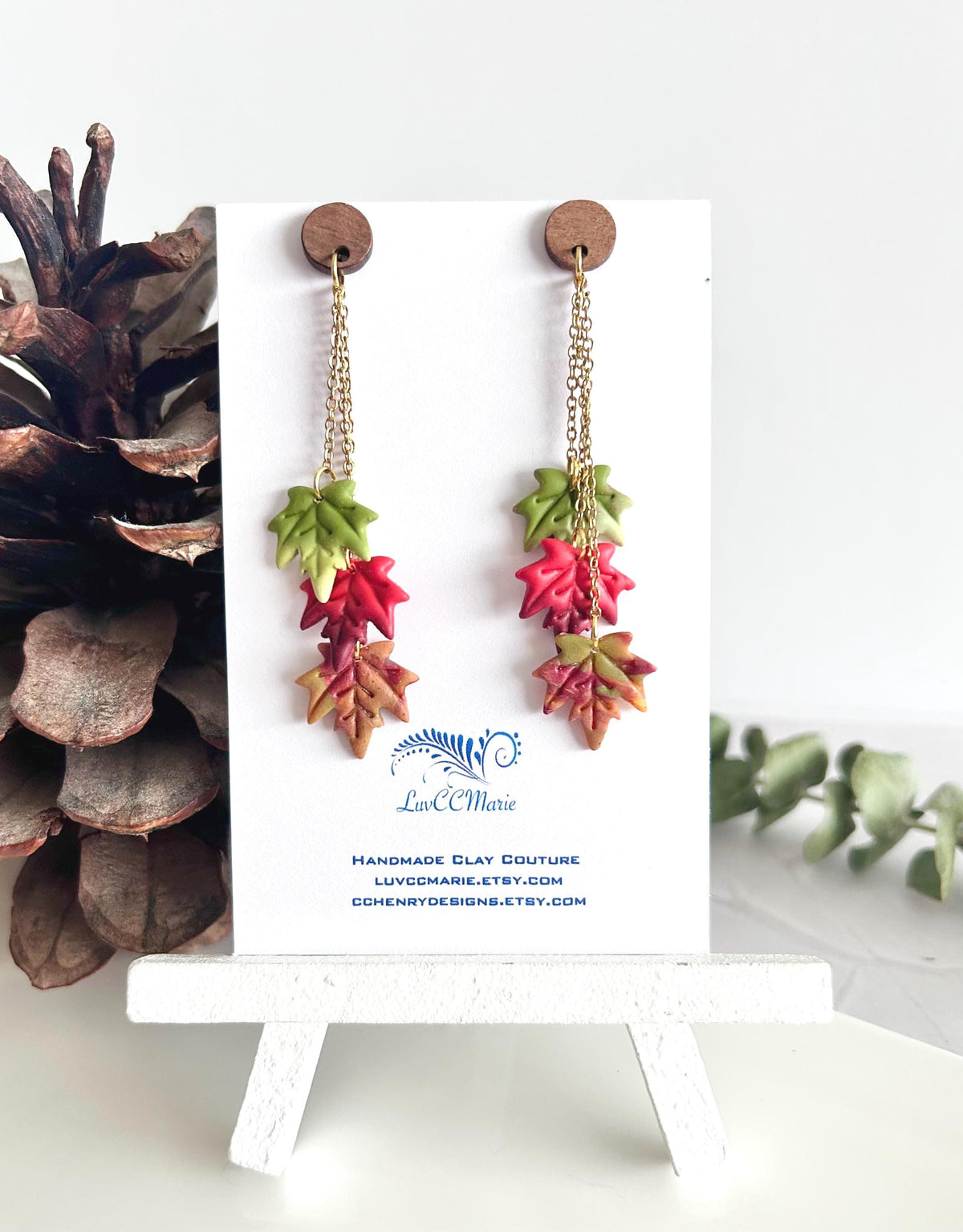 Leaf Earrings, Fall Jewelry, Polymer Clay Ombre Maple Leaves Chain Dangles
