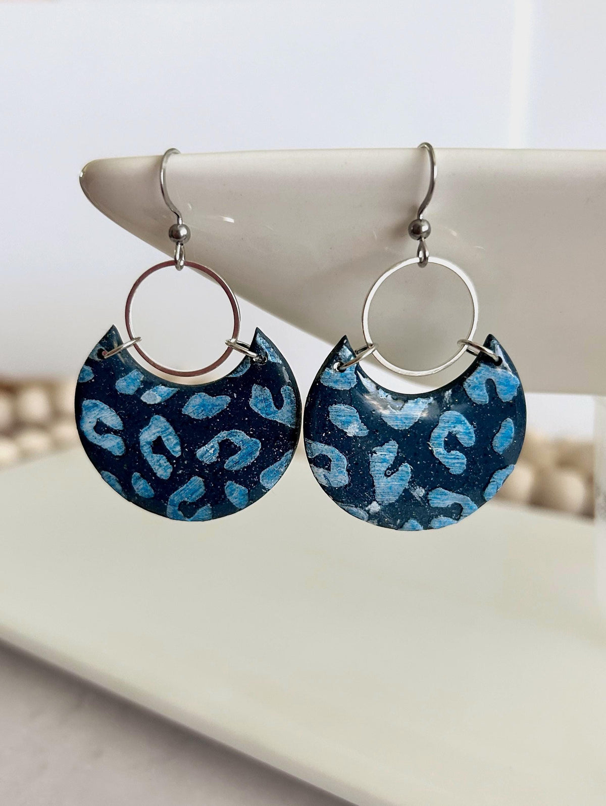 Navy Blue and Silver Leopard Print Clay Earrings, Crescent Moon Hoop Dangles