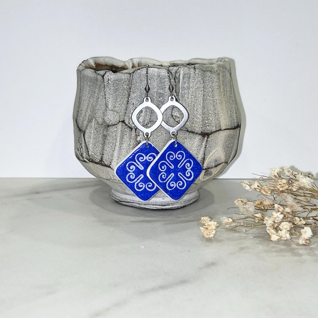 Square Cobalt Tile Talavera Earrings, Santorini Delft Blue Dangles, Handmade Boho Clay Jewelry