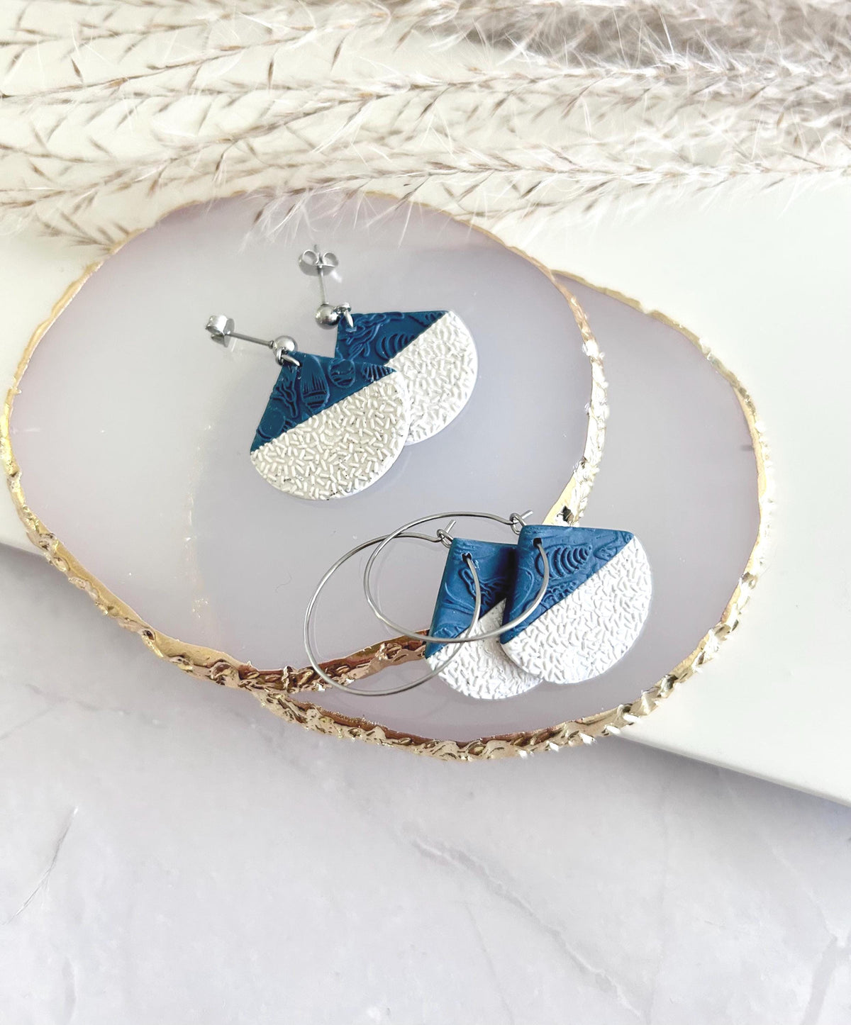 Creamy White and Teal Blue Abstract Fan Dangle Earrings, Handmade Clay Coastal Jewelry