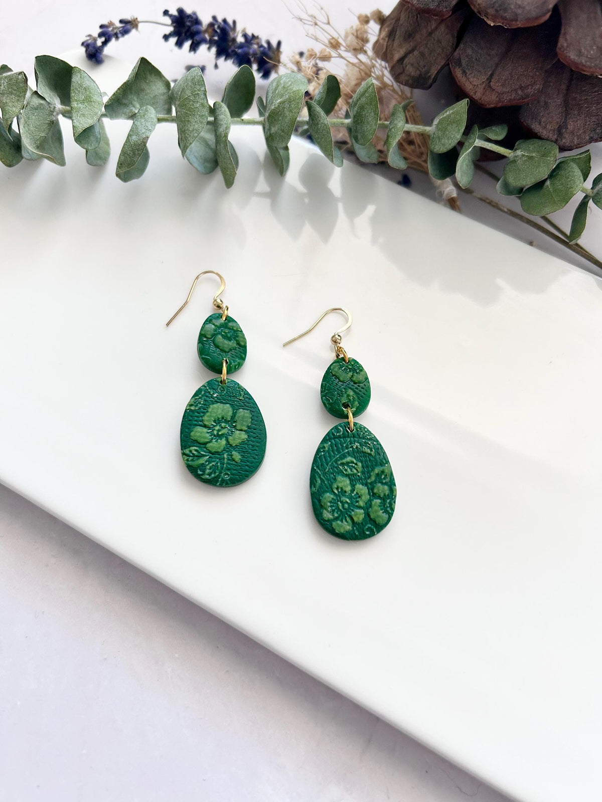 Bright Green and Sheer Cream Floral Clay Dangle Earrings, Handmade Jewelry