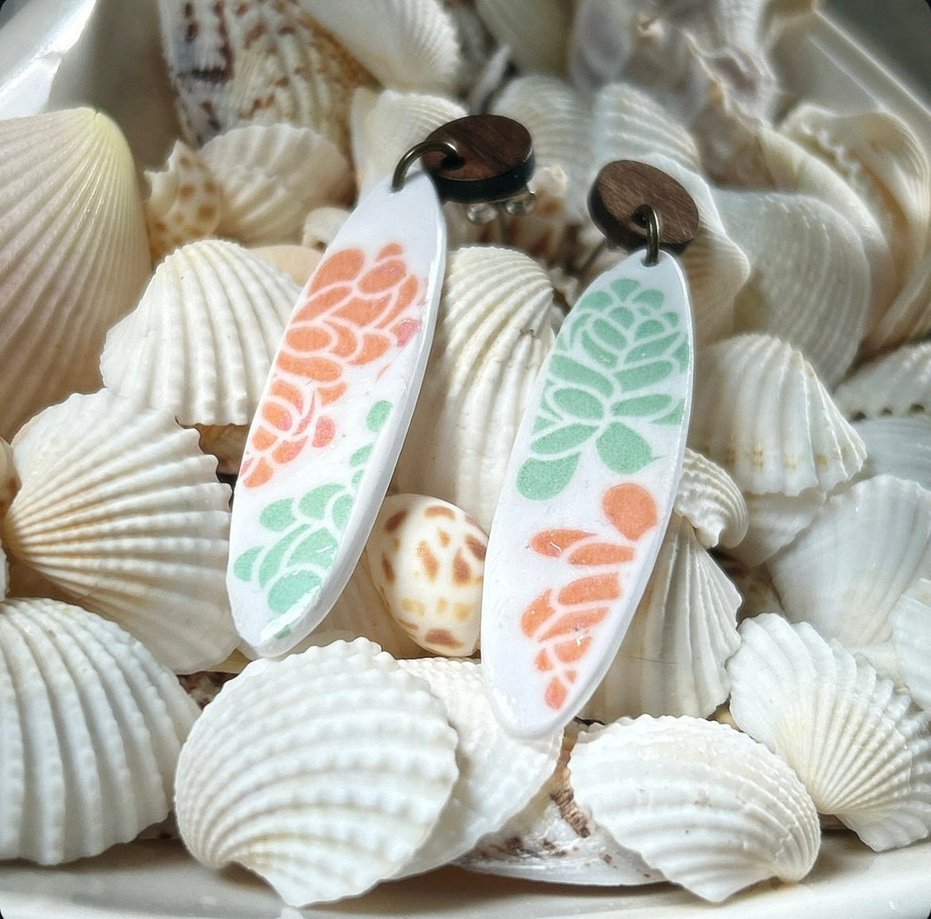 Handmade Succulent Dangle Earrings: Retro Surfboard Clay, Walnut Studs
