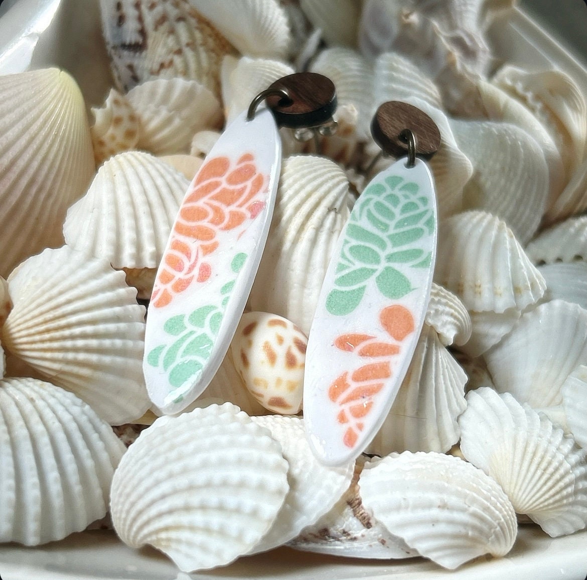 Handmade Succulent Dangle Earrings: Retro Surfboard Clay, Walnut Studs