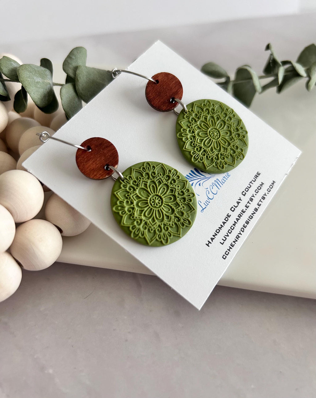Boho Clay and Wood Stud Earrings: Blue Mandala Circle Dangles