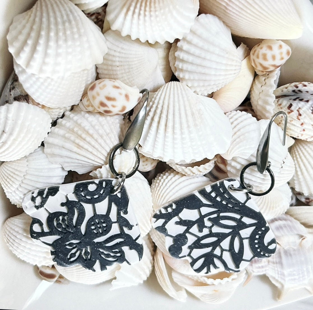 Black & White Lace Earrings, Charcoal Gray Wedding Dangles, Stainless Steel Clay Jewelry Handmade