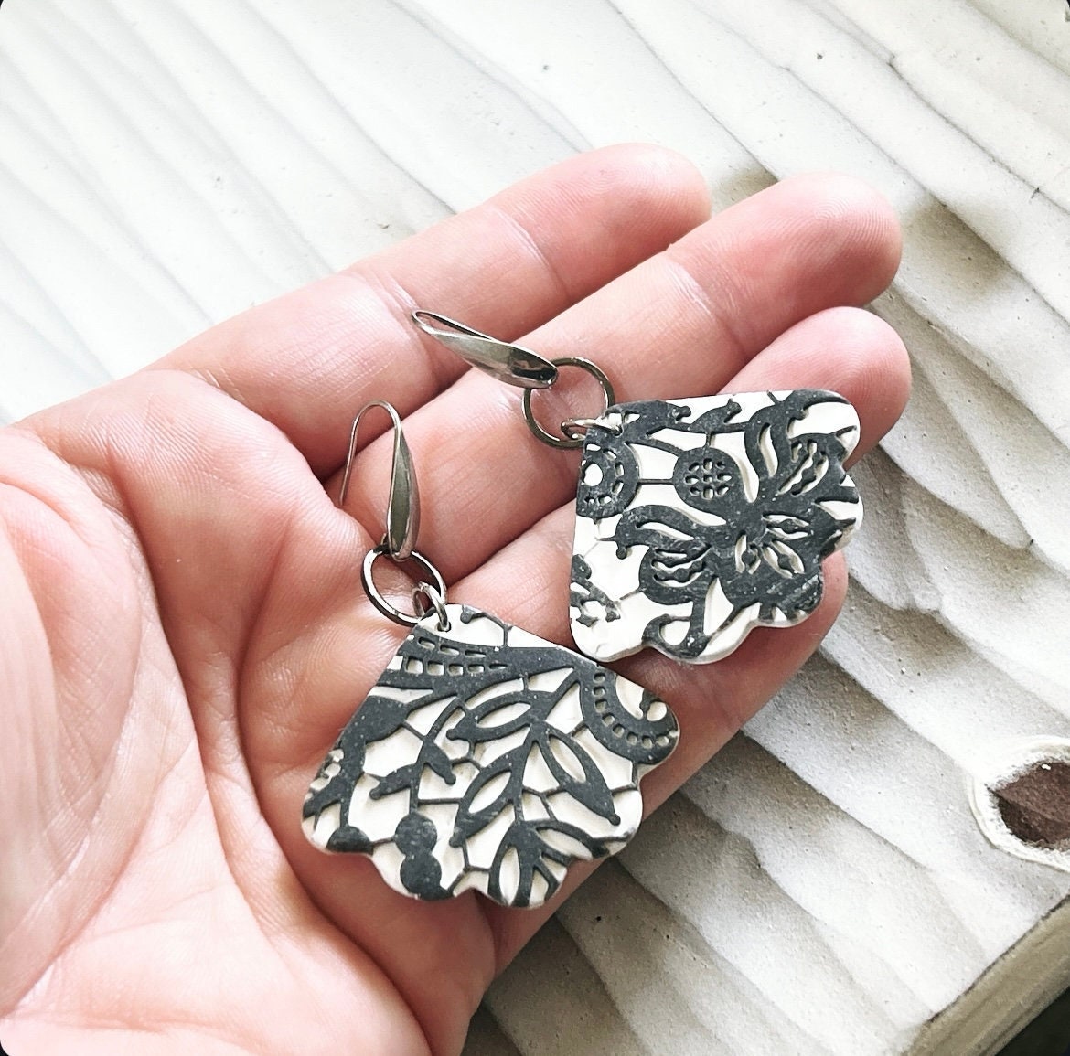 Black & White Lace Earrings, Charcoal Gray Wedding Dangles, Stainless Steel Clay Jewelry Handmade