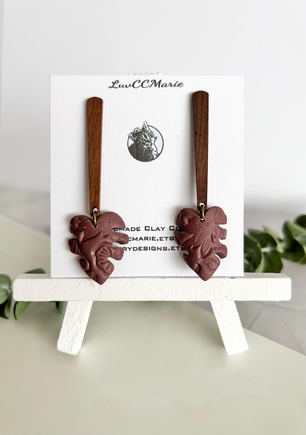 Handmade Clay Fall Leaf Earrings, Wood Bar Dangles, Brown Leaves Autumn Jewelry