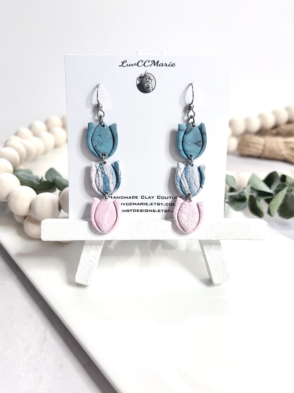 Tulip Earrings, Long Dangle Ombre Clay Handmade Jewelry Gift for Her