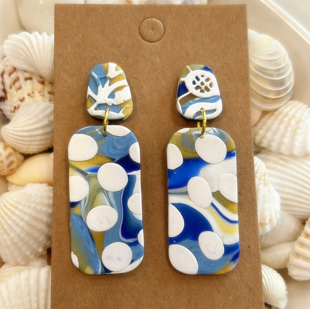 Handmade Clay Polka Dot Stud Dangles, Cobalt, White & Gold Dangle Earrings, Long Boho Jewelry