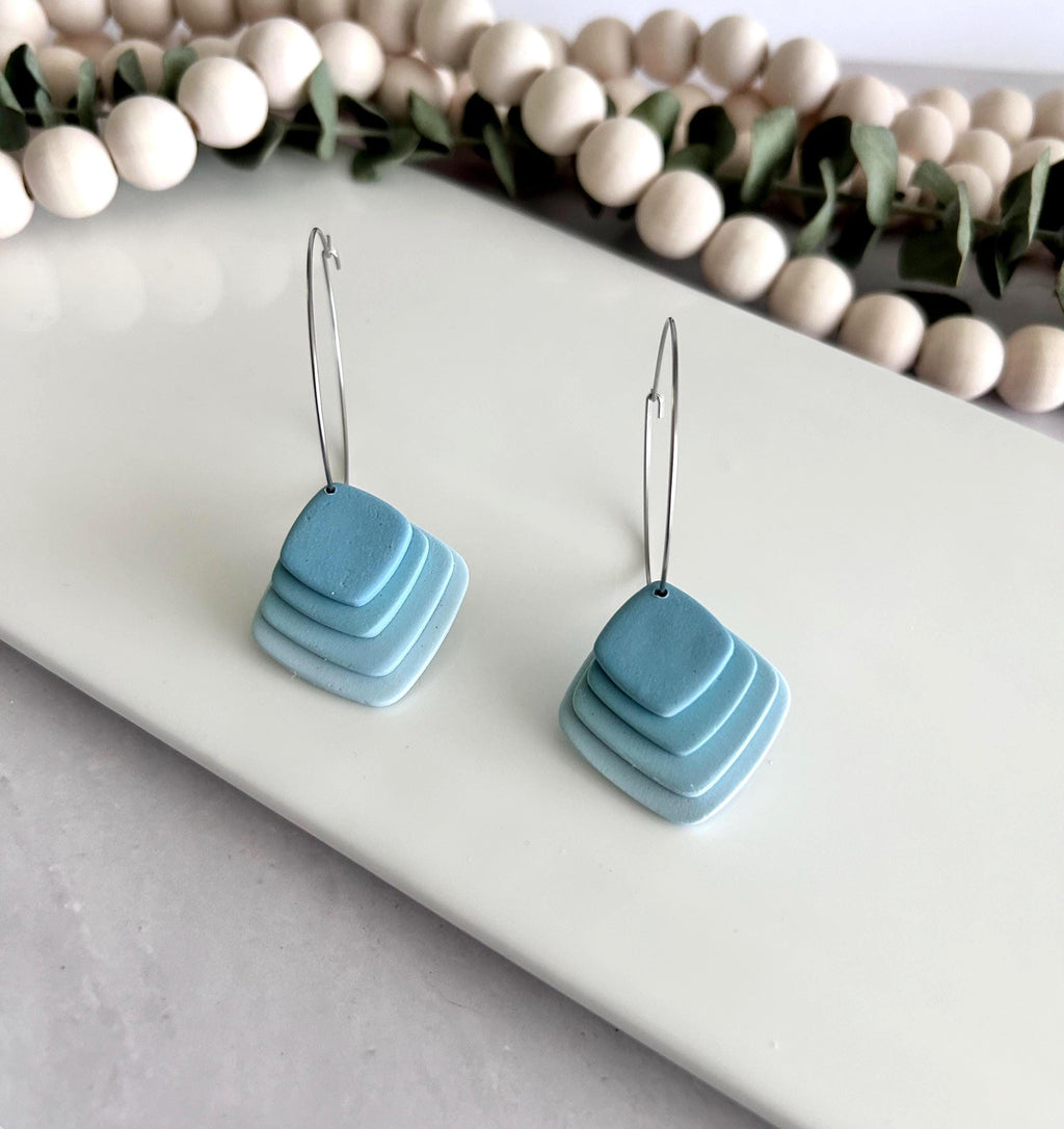 Pink or Blue Pastel Earrings, Dangle Hoops, Geometric Clay Dangles, Beach Vacation Jewelry Gift