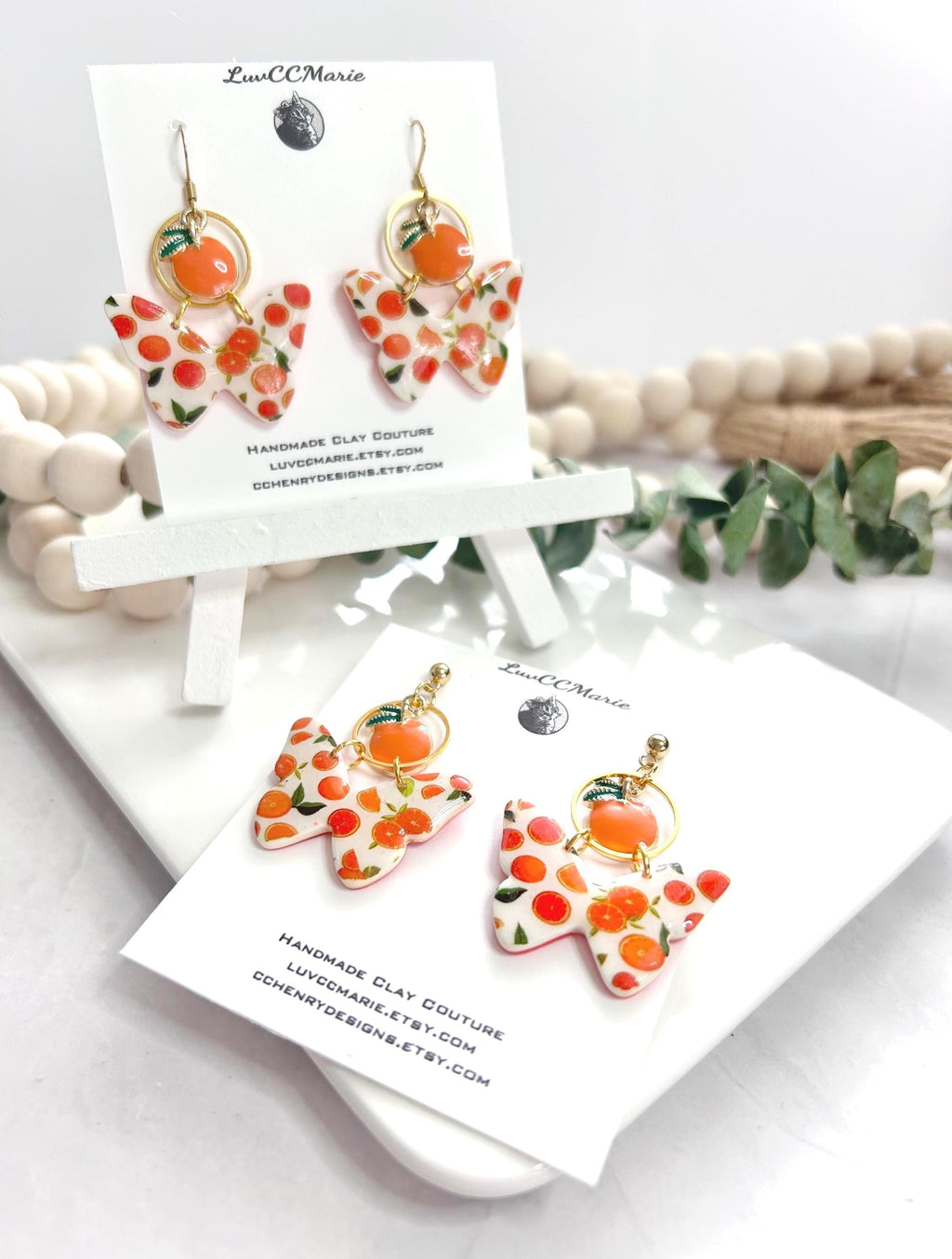 Orange Fruit Butterfly Earrings, Tangerine and White Clay Dangles