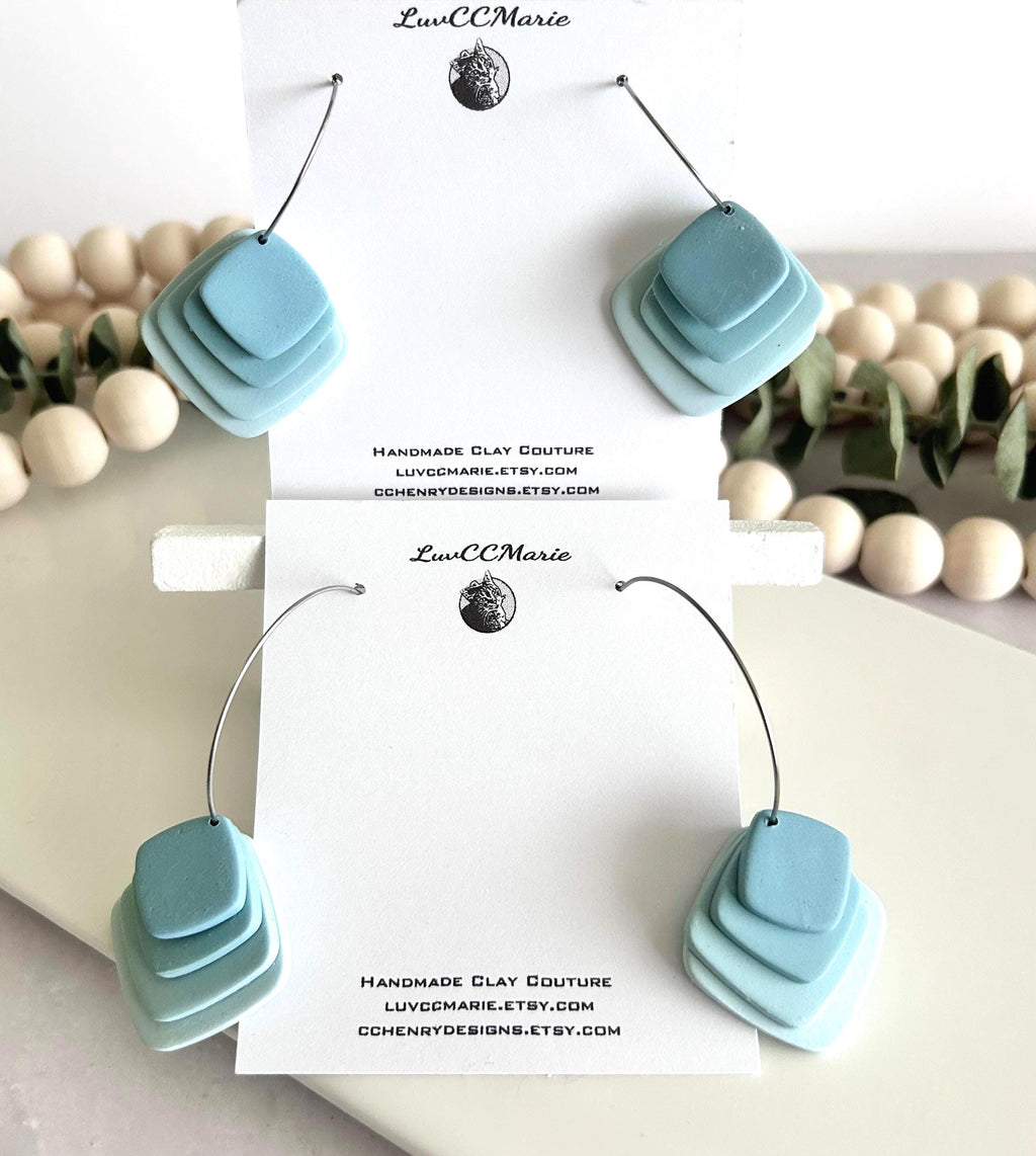 Pink or Blue Pastel Earrings, Dangle Hoops, Geometric Clay Dangles, Beach Vacation Jewelry Gift