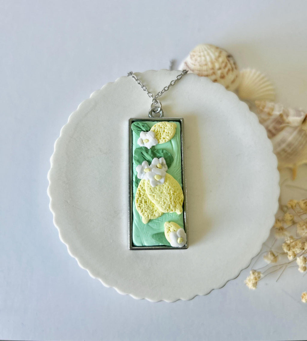 Mint Green Lemon Necklace, Fruit Clay Silver Pendant, Boho Jewelry
