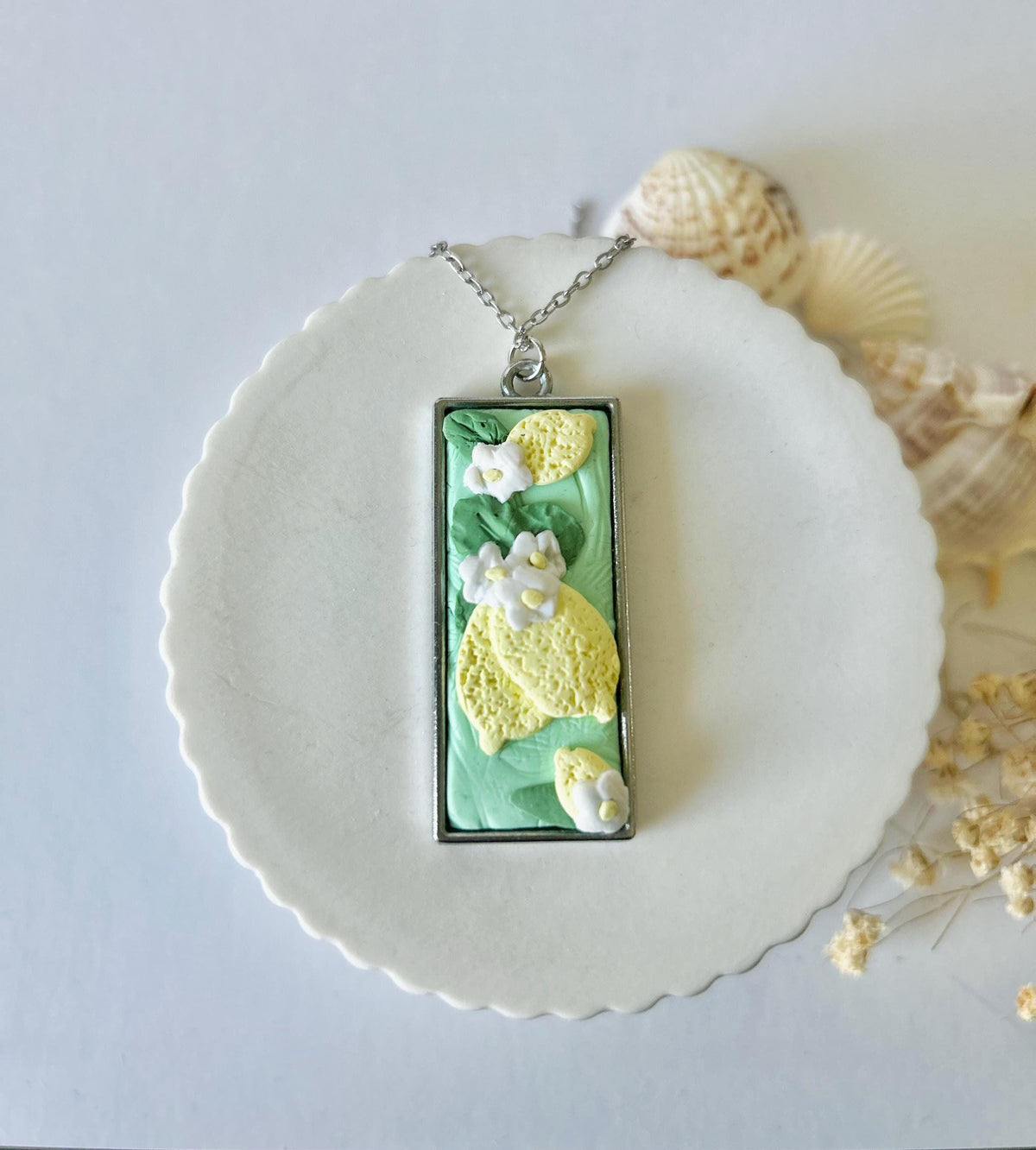 Mint Green Lemon Necklace, Fruit Clay Silver Pendant, Boho Jewelry